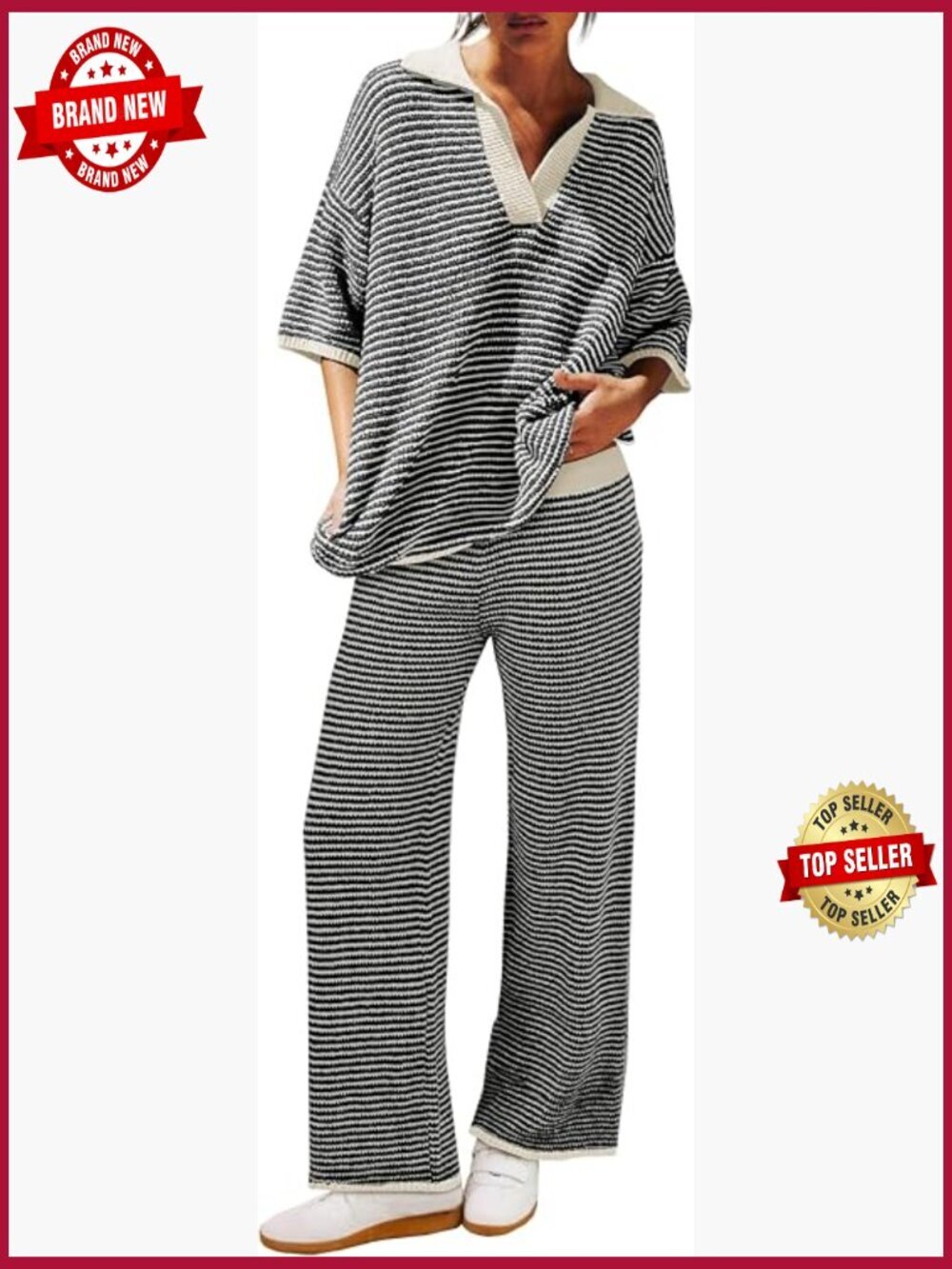 Oversized V Neck Knit 2 Piece Lounge Set 3/4 Sleeve Top Wide Leg Pants